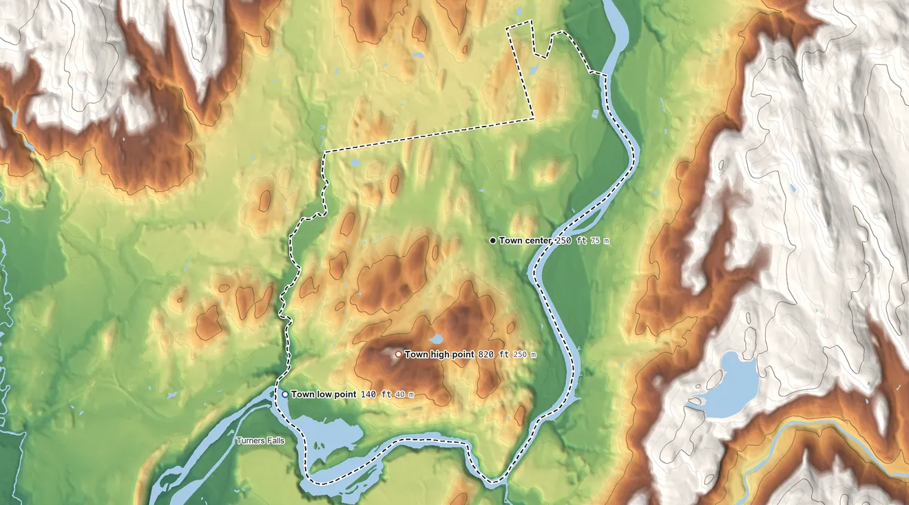 Topographic elevation map of Gill, Massachusetts, shaded from 140 ft on the southwest side to 820 ft on Pisgah Mountain