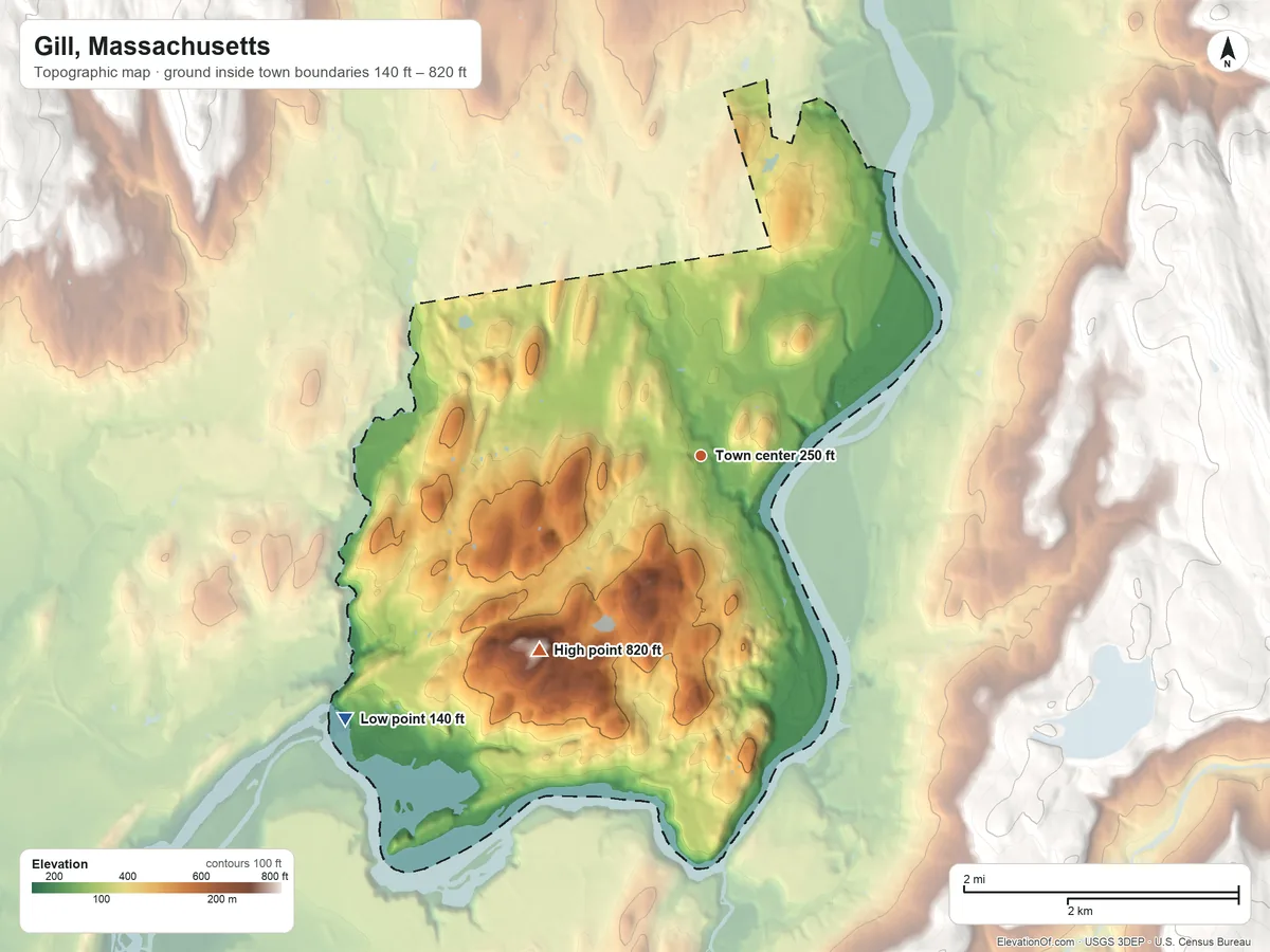 Topographic elevation map of Gill, Massachusetts, shaded from 140 ft on the southwest side to 820 ft on Pisgah Mountain