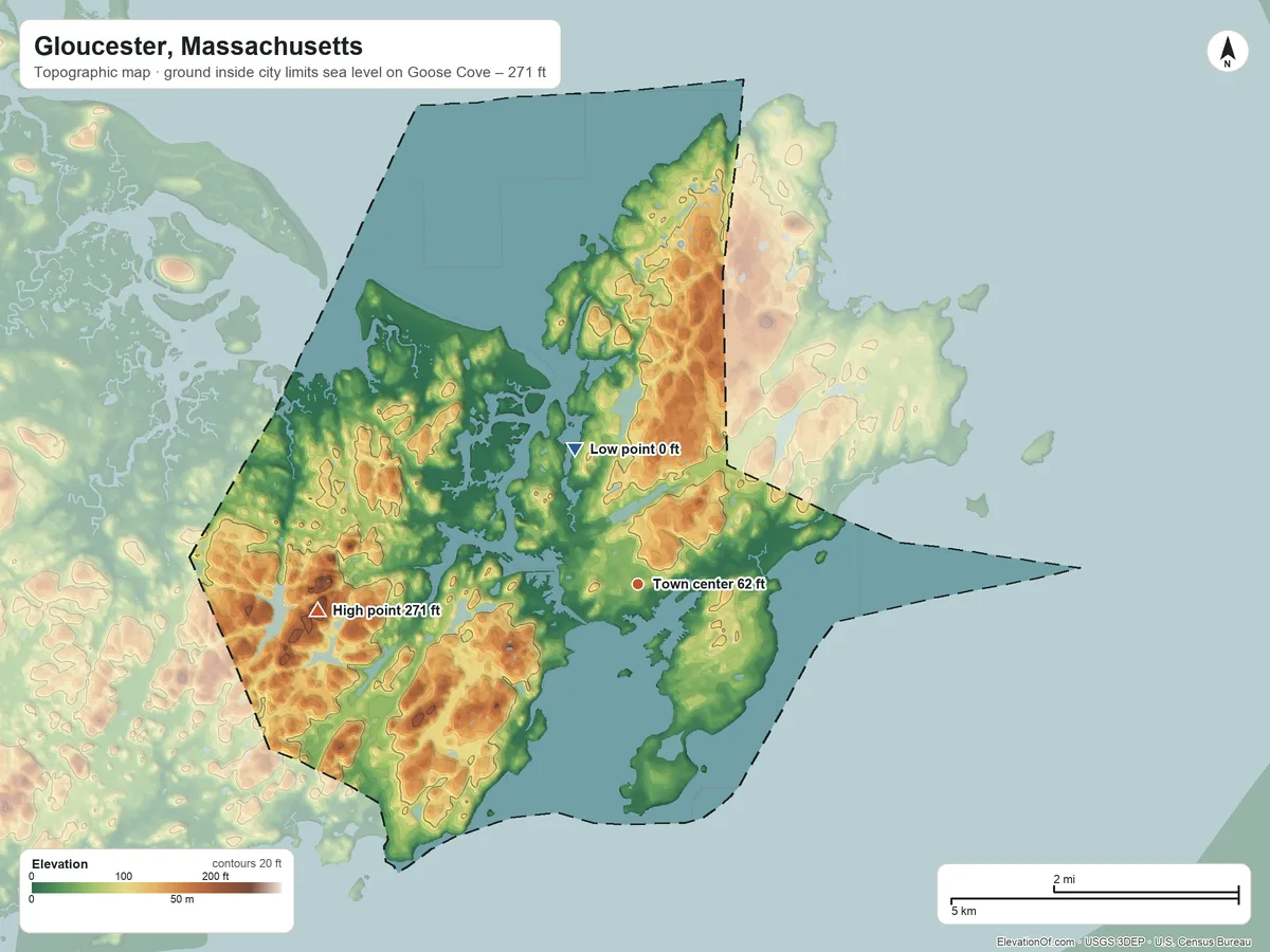 Topographic elevation map of Gloucester, Massachusetts, shaded from sea level level on Goose Cove to 271 ft on Mount Ann