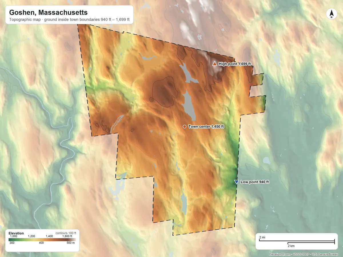 Topographic elevation map of Goshen, Massachusetts, shaded from 940 ft on the southeast side to 1,699 ft on Moore Hill