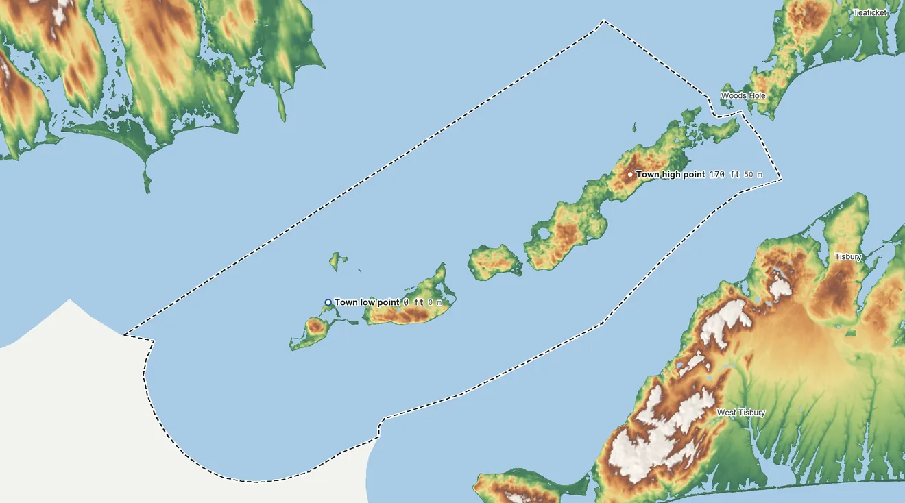 Topographic elevation map of Gosnold, Massachusetts, shaded from sea level level on the Cuttyhunk Pond to 170 ft on the northeast side