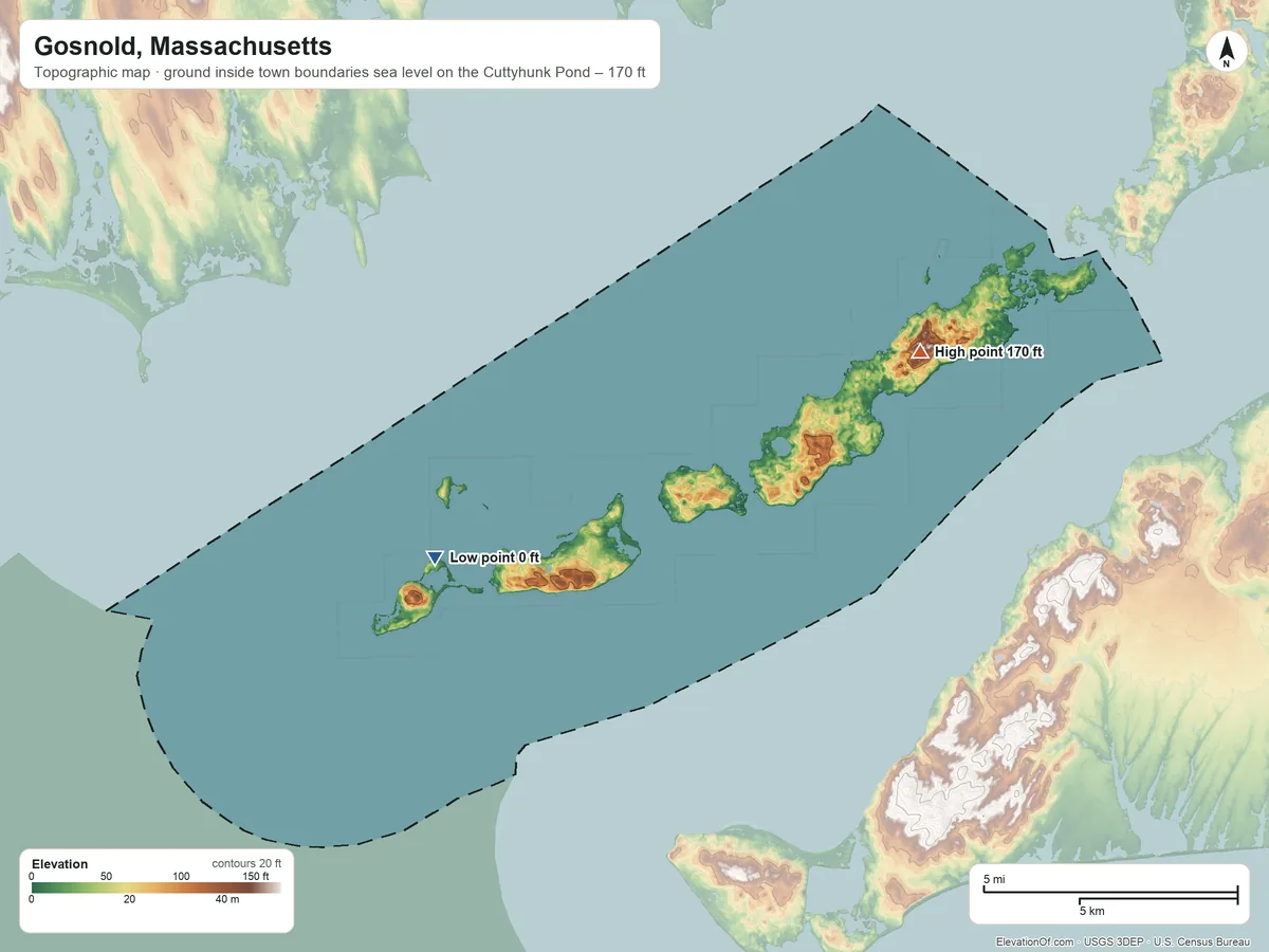 Topographic elevation map of Gosnold, Massachusetts, shaded from sea level level on the Cuttyhunk Pond to 170 ft on the northeast side