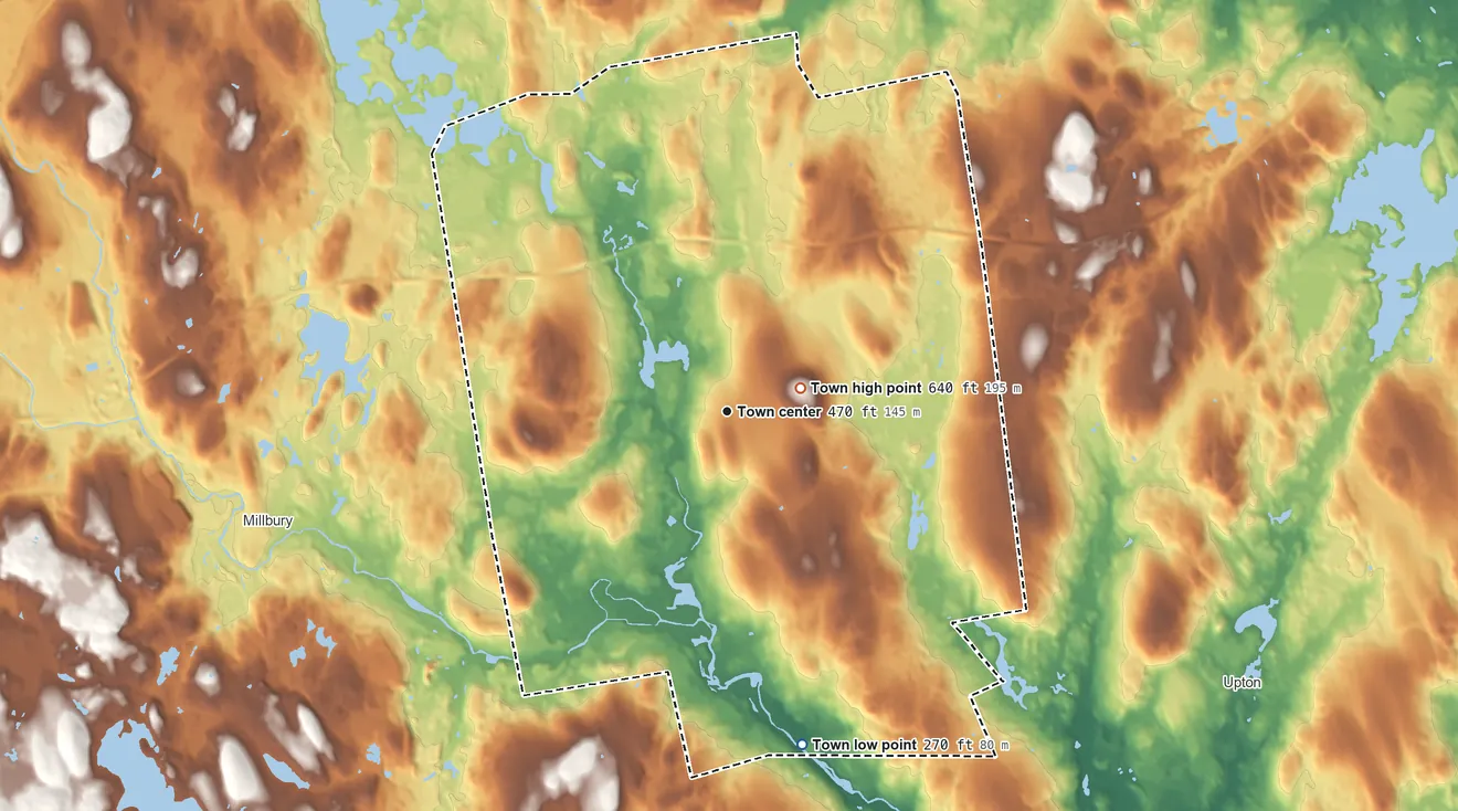 Topographic elevation map of Grafton, Massachusetts, shaded from 270 ft on the south side to 640 ft on Pigeon Hill