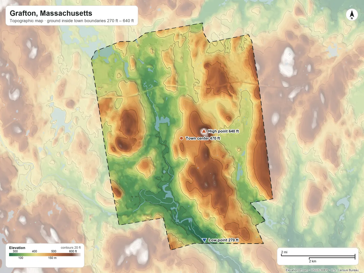 Topographic elevation map of Grafton, Massachusetts, shaded from 270 ft on the south side to 640 ft on Pigeon Hill