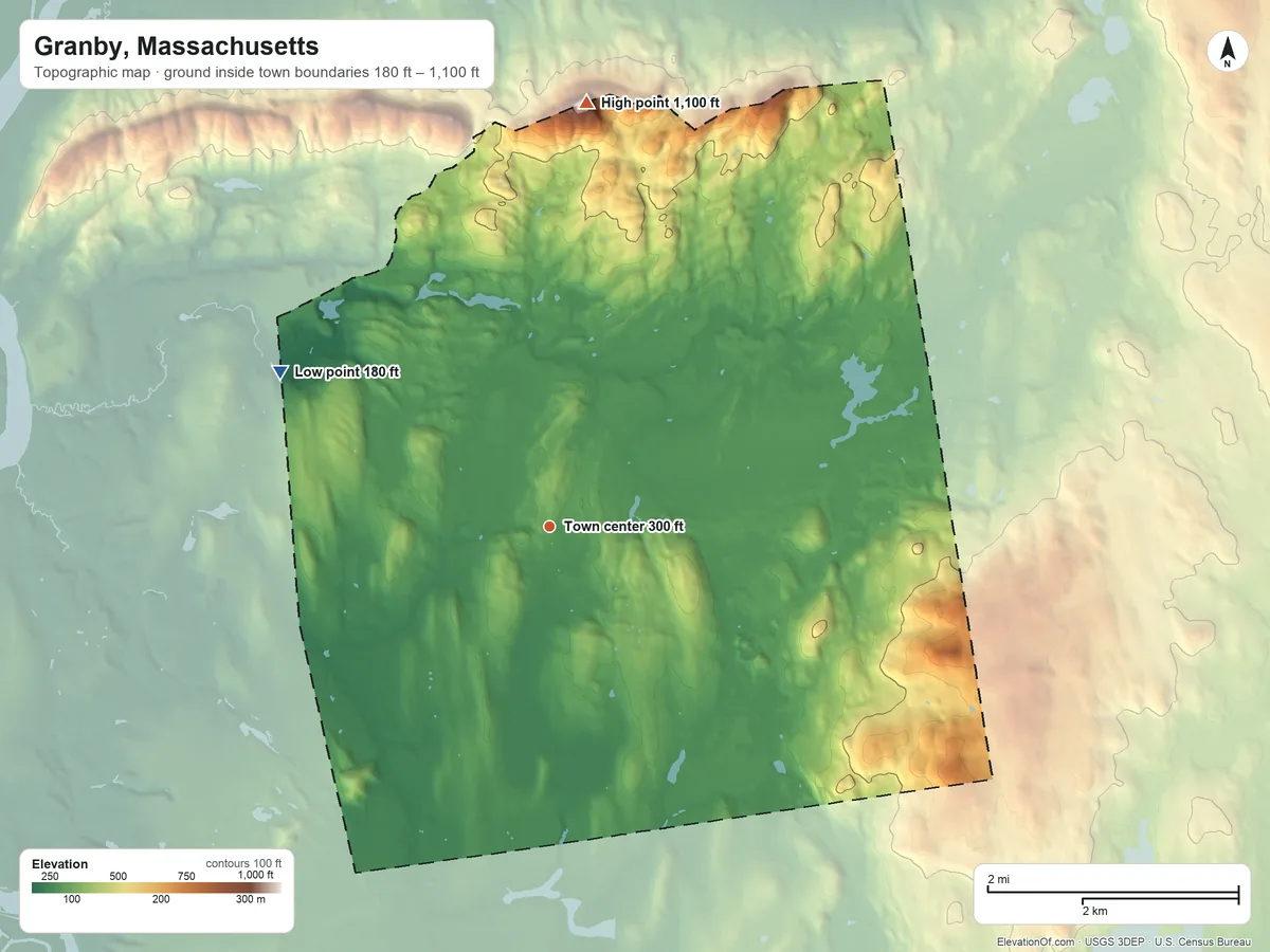 Topographic elevation map of Granby, Massachusetts, shaded from 180 ft on the northwest side to 1,100 ft on Mount Norwottock