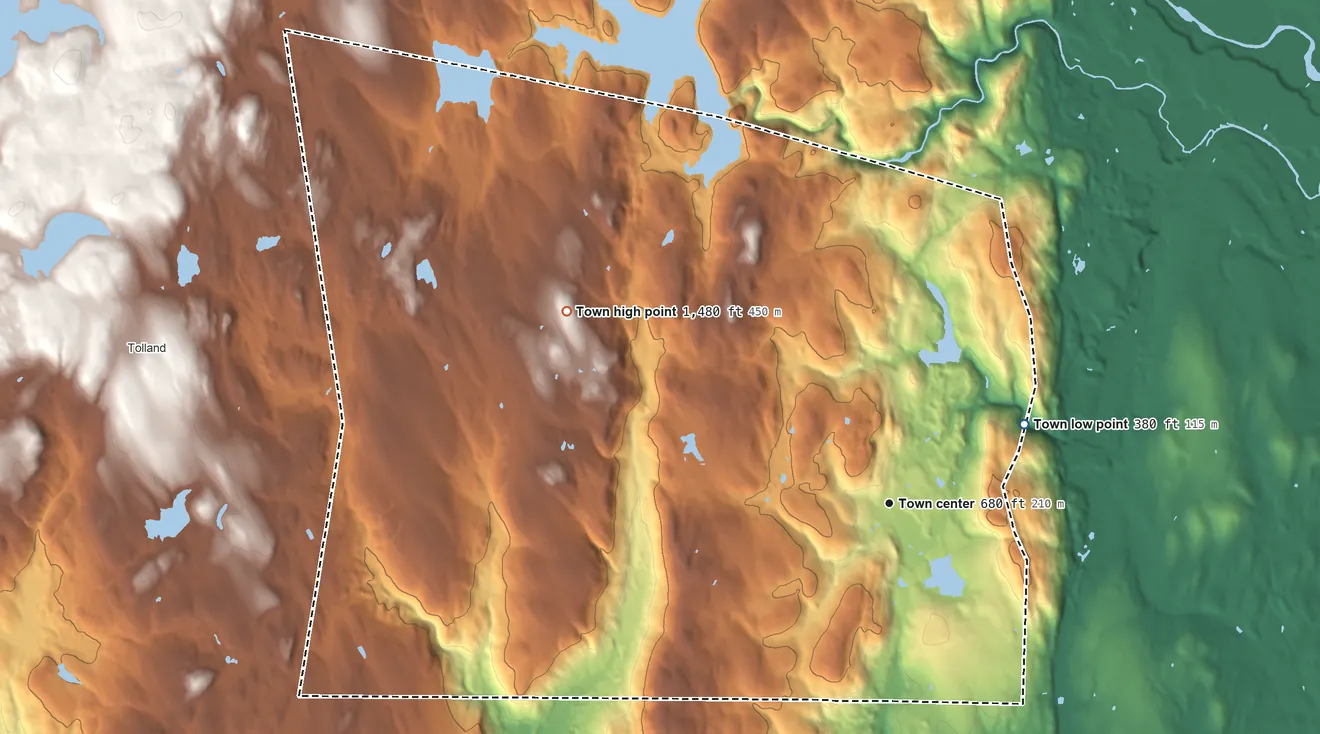 Topographic elevation map of Granville, Massachusetts, shaded from 380 ft on the northeast side to 1,480 ft on the northwest side