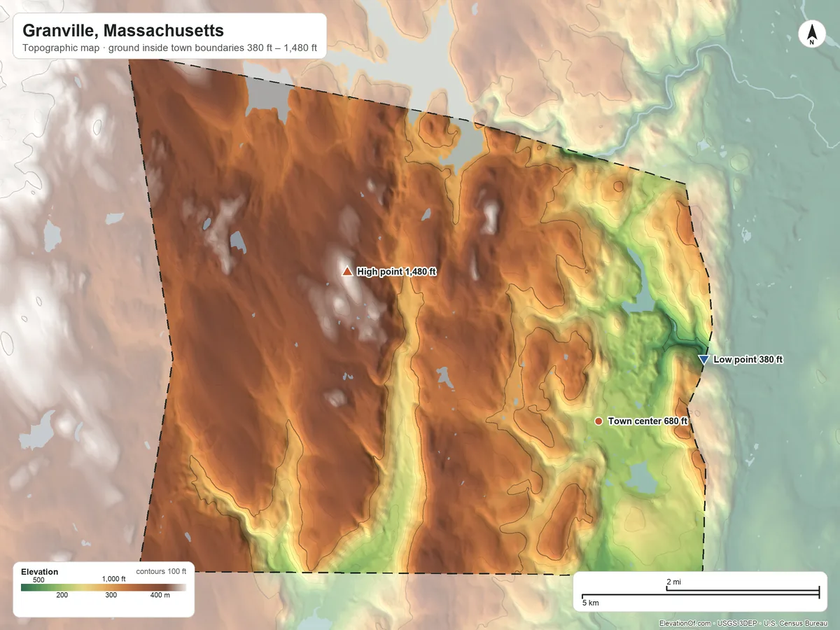 Topographic elevation map of Granville, Massachusetts, shaded from 380 ft on the northeast side to 1,480 ft on the northwest side