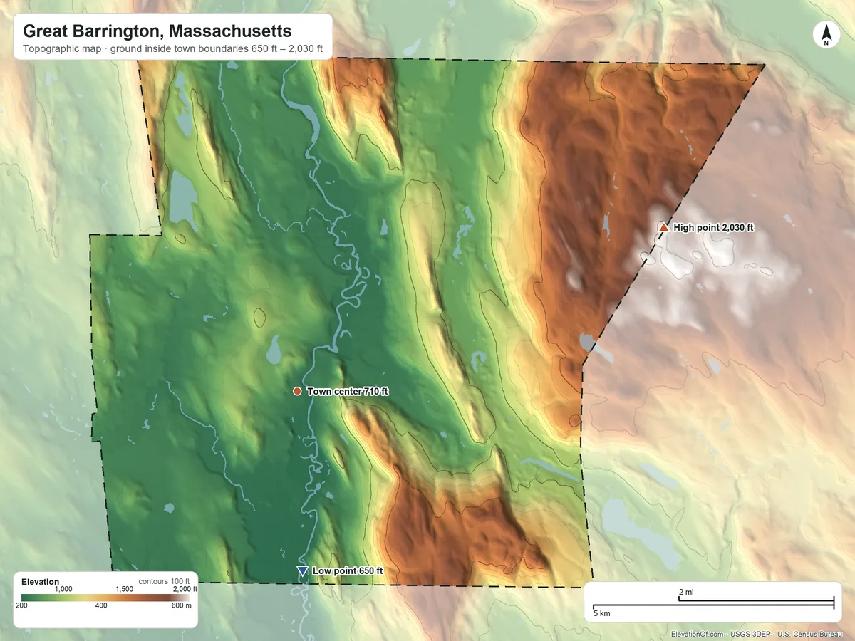 Topographic elevation map of Great Barrington, Massachusetts, shaded from 650 ft on the south side to 2,030 ft on the northeast side