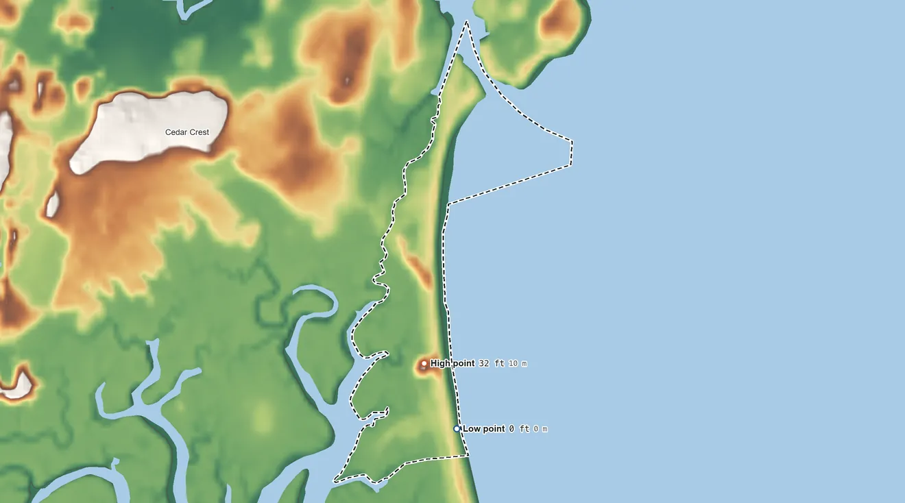 Topographic elevation map of Green Harbor, Massachusetts, shaded from sea level level on Duxbury Bay to 32 ft on the south side
