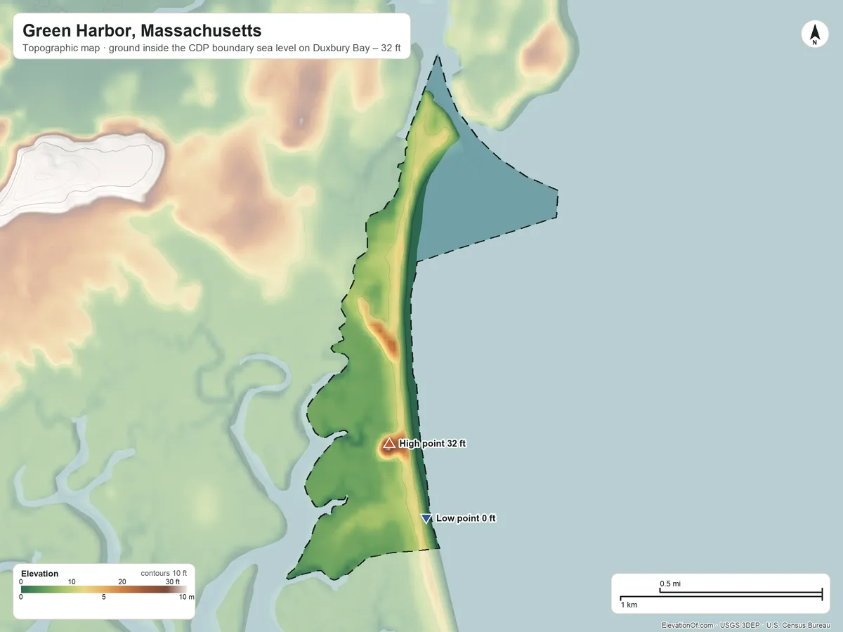 Topographic elevation map of Green Harbor, Massachusetts, shaded from sea level level on Duxbury Bay to 32 ft on the south side