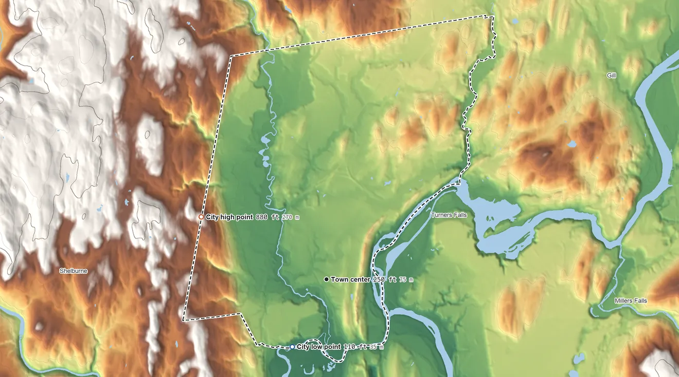 Topographic elevation map of Greenfield, Massachusetts, shaded from 110 ft on the southwest side to 880 ft on the northwest side