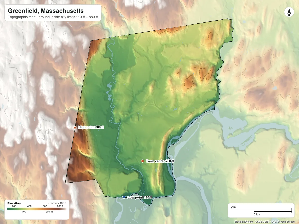 Topographic elevation map of Greenfield, Massachusetts, shaded from 110 ft on the southwest side to 880 ft on the northwest side