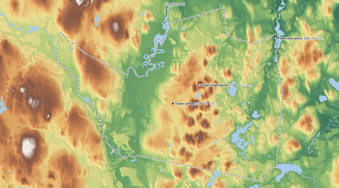 Topographic elevation map of Groton, Massachusetts, shaded from 160 ft on the northeast side to 510 ft on Chestnut Hills