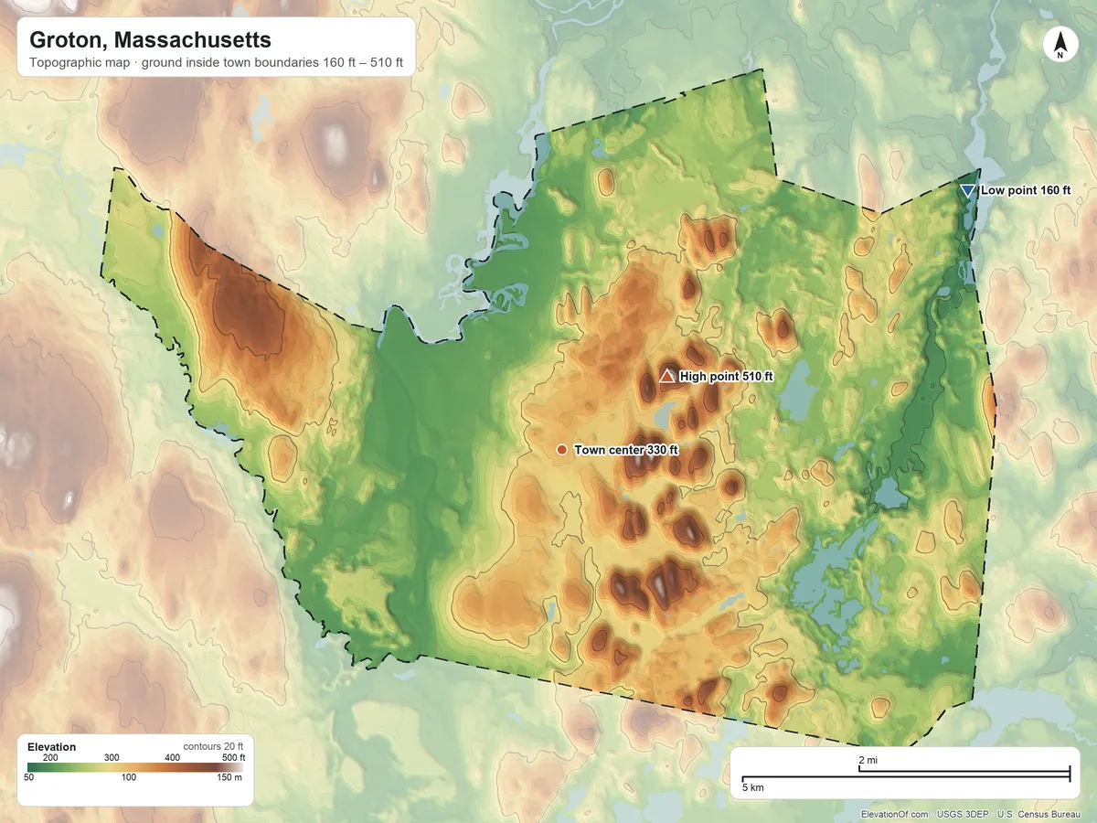 Topographic elevation map of Groton, Massachusetts, shaded from 160 ft on the northeast side to 510 ft on Chestnut Hills