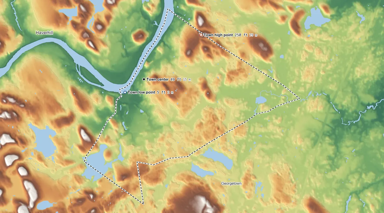 Topographic elevation map of Groveland, Massachusetts, shaded from 5 ft near the middle to 250 ft on the northeast side