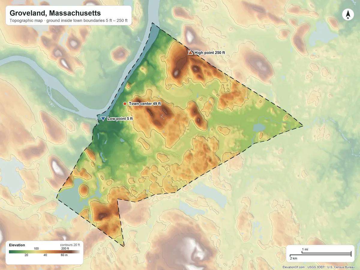 Topographic elevation map of Groveland, Massachusetts, shaded from 5 ft near the middle to 250 ft on the northeast side