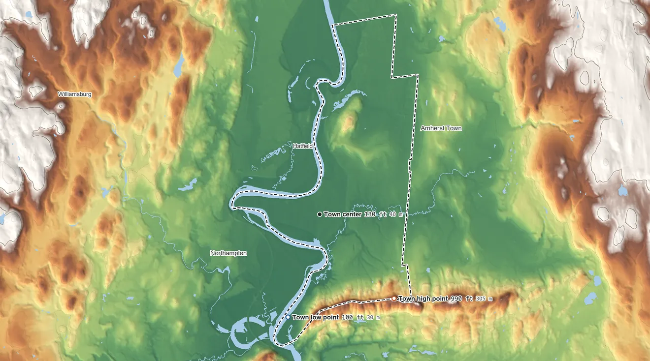 Topographic elevation map of Hadley, Massachusetts, shaded from 100 ft on the south side to 990 ft on the southeast edge, below higher ground just outside