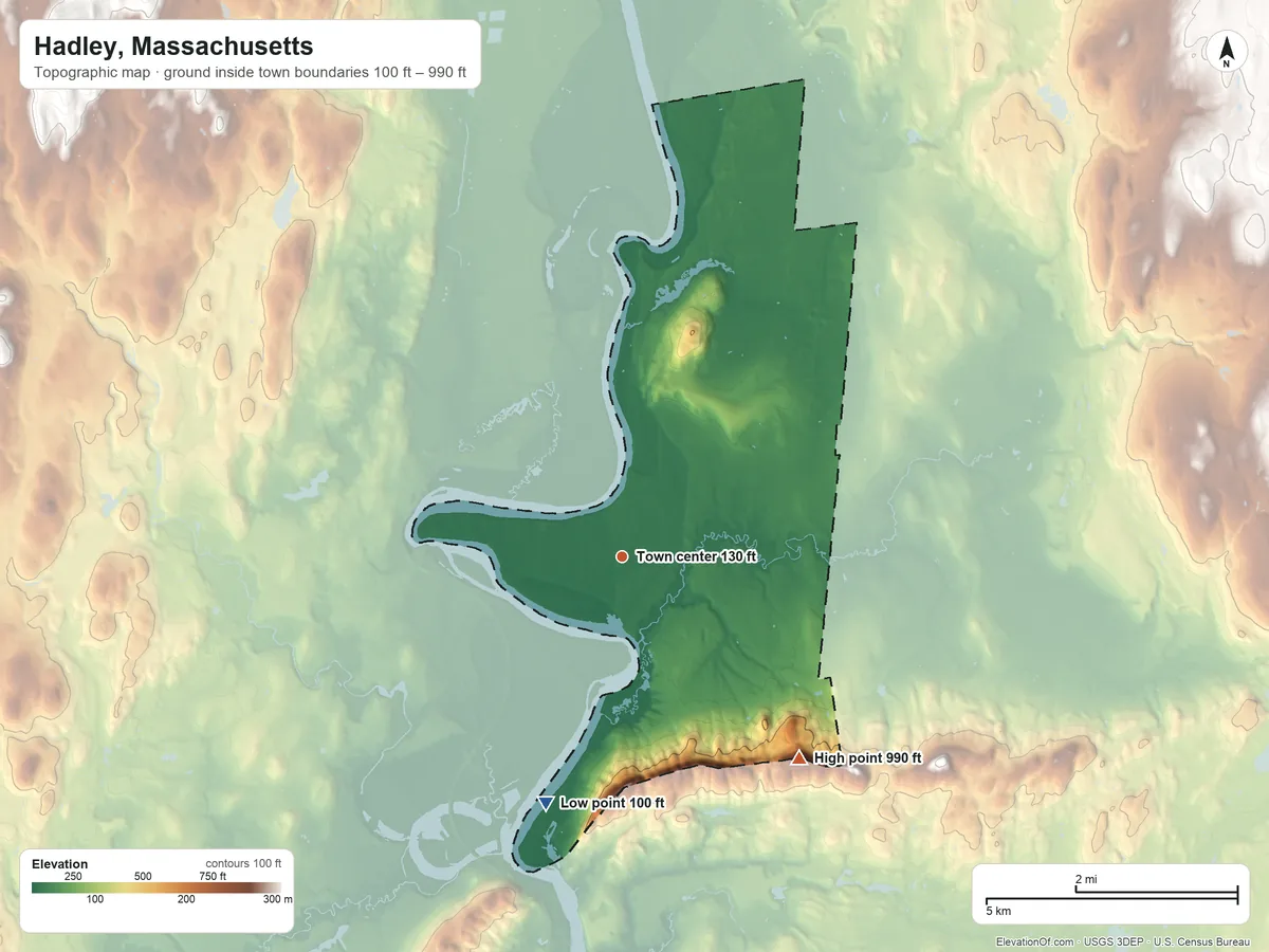 Topographic elevation map of Hadley, Massachusetts, shaded from 100 ft on the south side to 990 ft on the southeast edge, below higher ground just outside