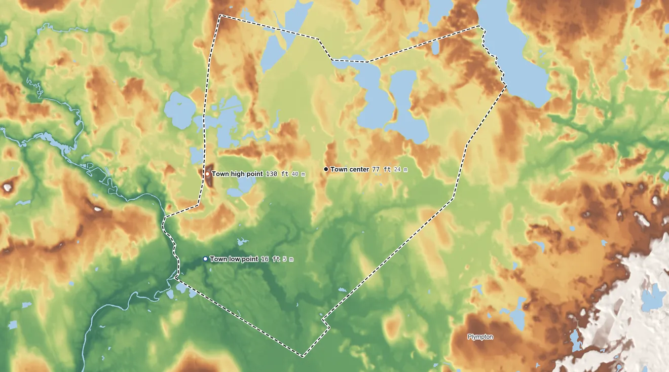 Topographic elevation map of Halifax, Massachusetts, shaded from 16 ft on the southwest side to 130 ft on the west side