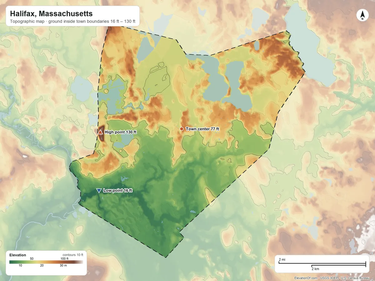 Topographic elevation map of Halifax, Massachusetts, shaded from 16 ft on the southwest side to 130 ft on the west side