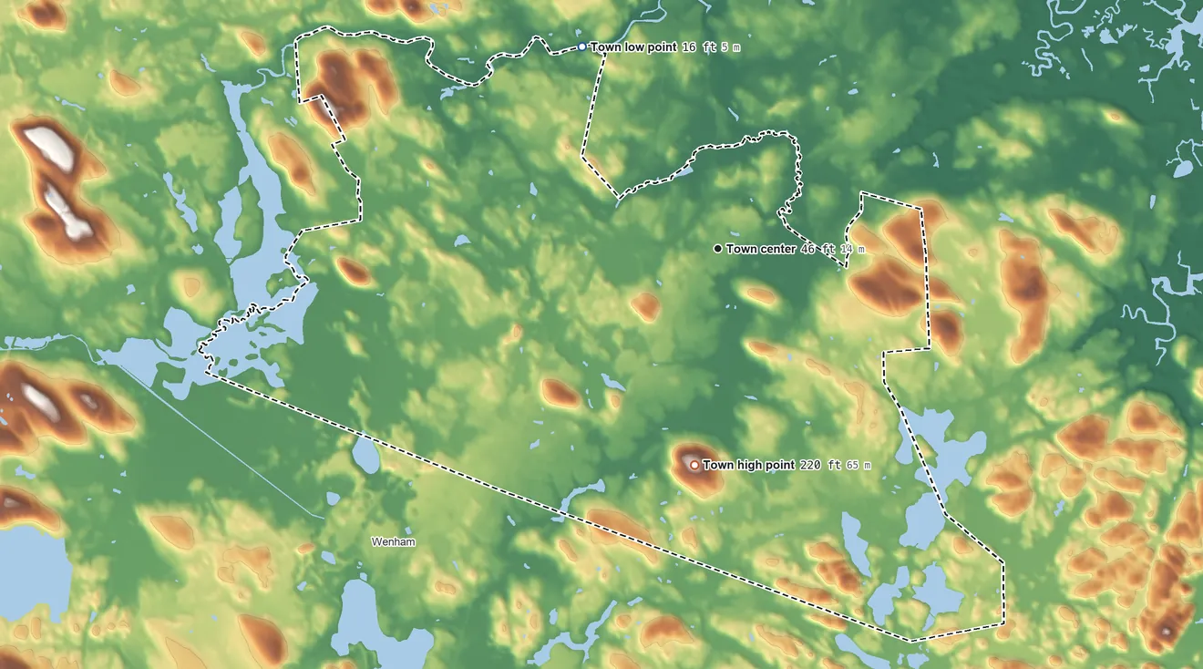 Topographic elevation map of Hamilton, Massachusetts, shaded from 16 ft on the northwest side to 220 ft on Browns Hill