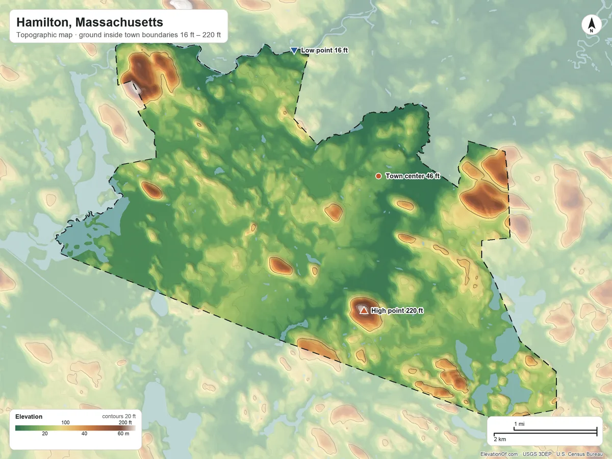 Topographic elevation map of Hamilton, Massachusetts, shaded from 16 ft on the northwest side to 220 ft on Browns Hill