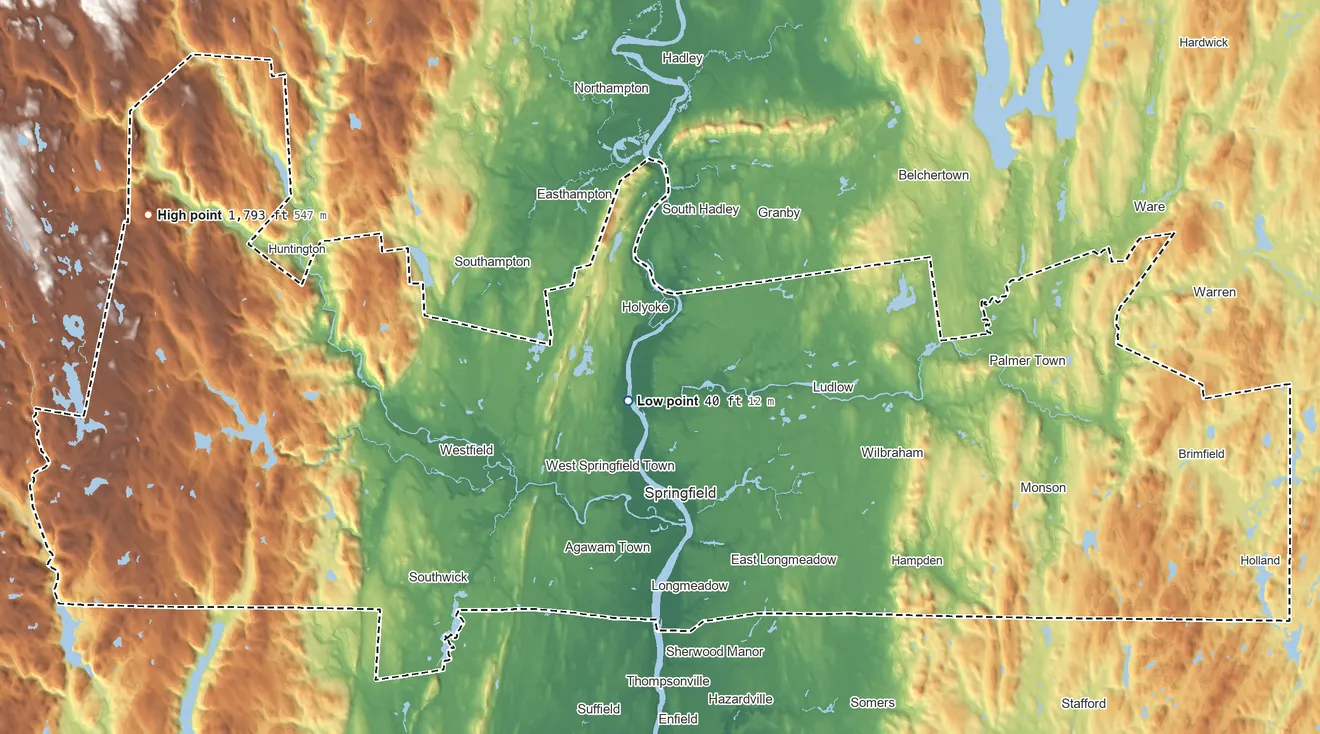 Topographic elevation map of Hampden County, Massachusetts, shaded from 40 ft near the middle to 1,793 ft on Round Top Hill