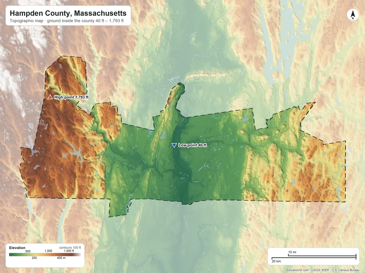 Topographic elevation map of Hampden County, Massachusetts, shaded from 40 ft near the middle to 1,793 ft on Round Top Hill