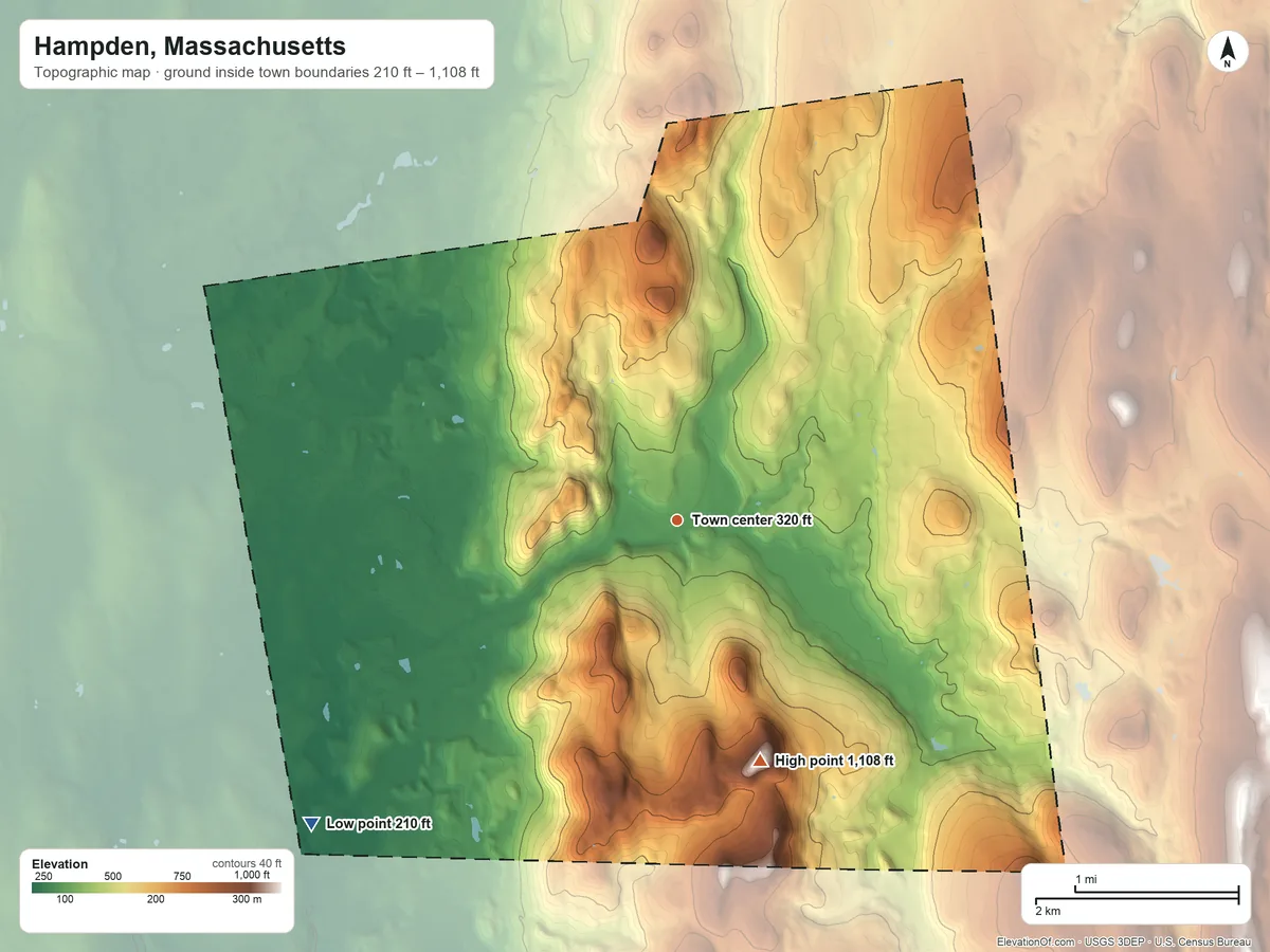 Topographic elevation map of Hampden, Massachusetts, shaded from 210 ft on the southwest side to 1,108 ft on Pine Mountain