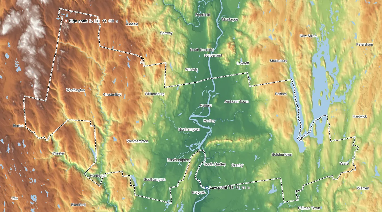 Topographic elevation map of Hampshire County, Massachusetts, shaded from 53 ft on the south side to 2,131 ft on West Mountain