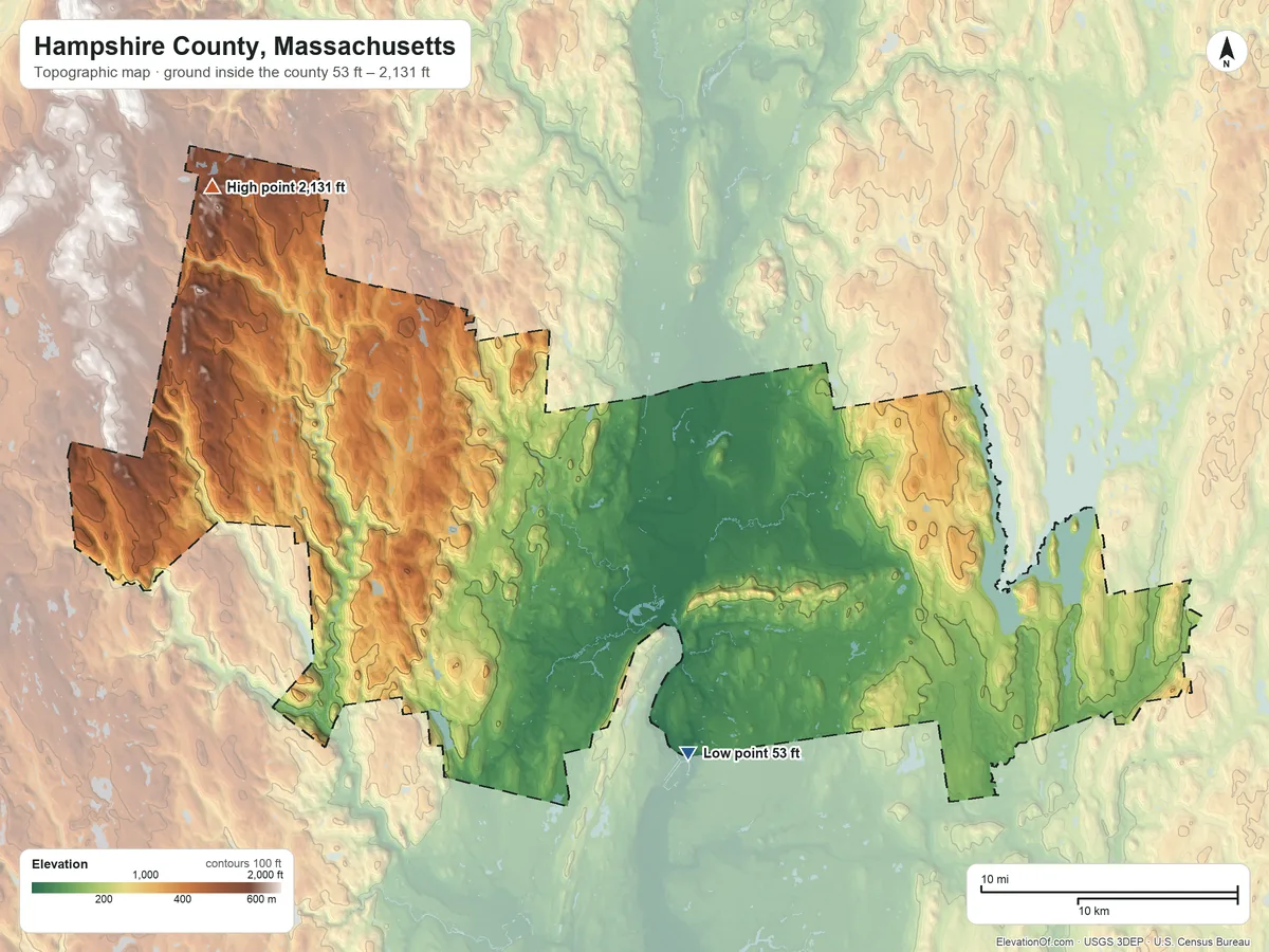 Topographic elevation map of Hampshire County, Massachusetts, shaded from 53 ft on the south side to 2,131 ft on West Mountain
