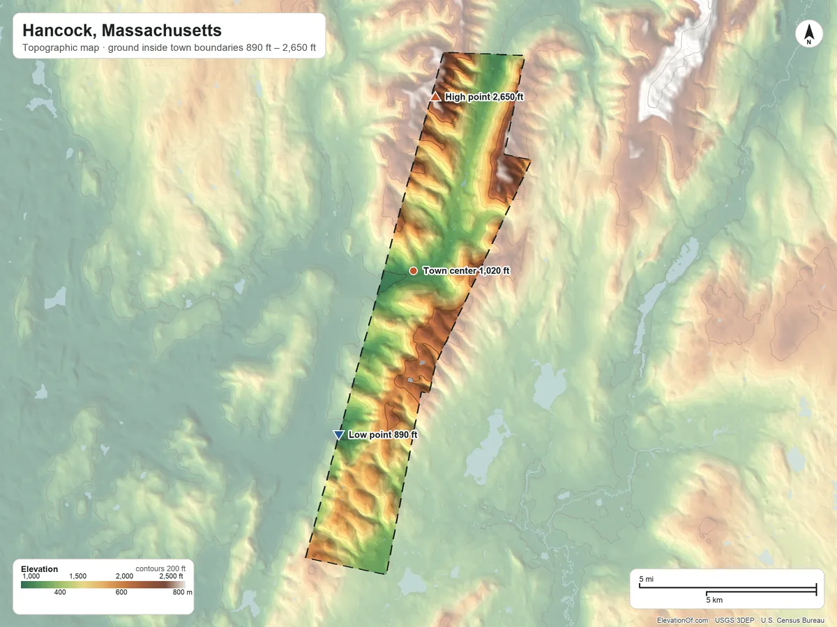 Topographic elevation map of Hancock, Massachusetts, shaded from 890 ft on the southwest side to 2,650 ft on the north side