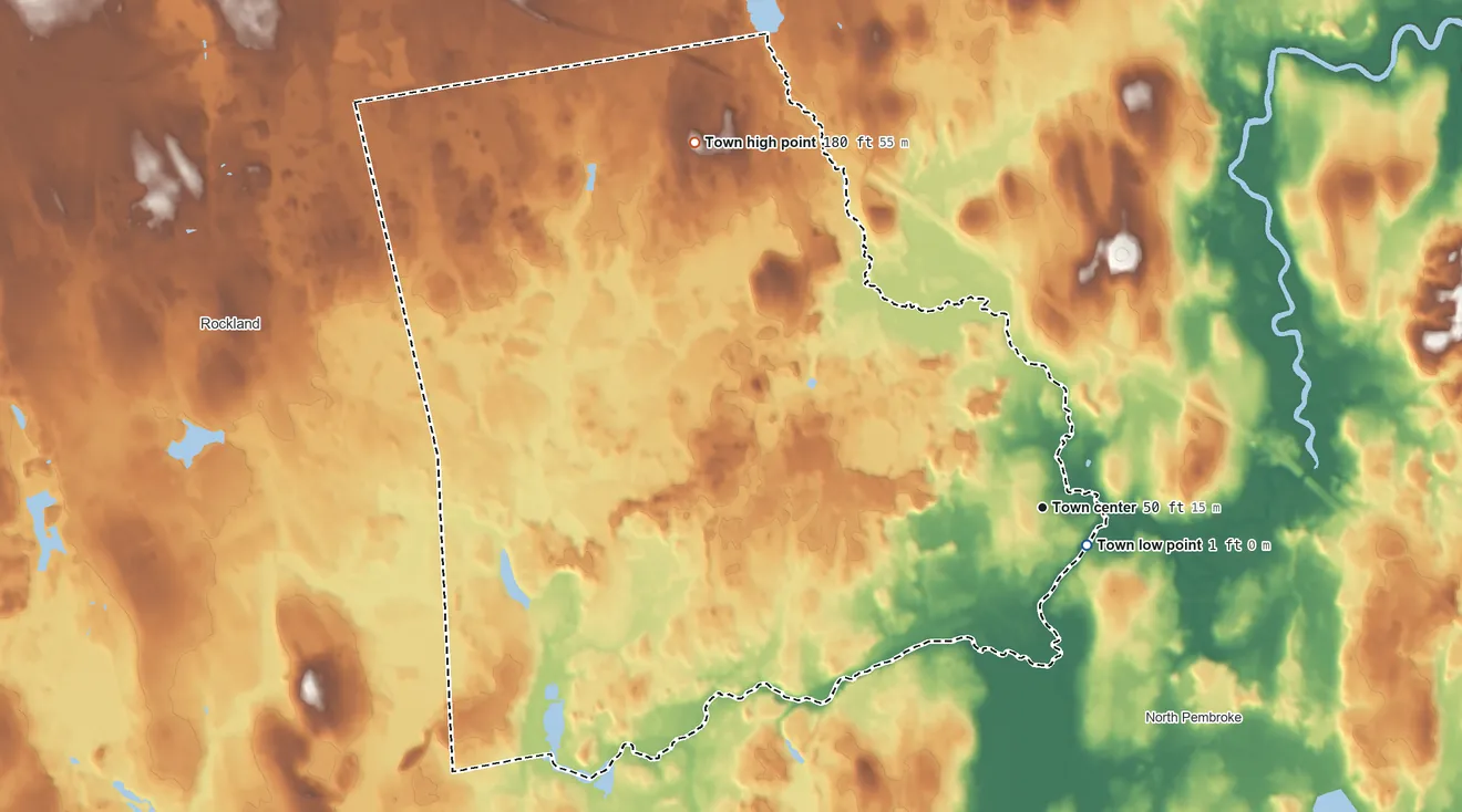 Topographic elevation map of Hanover, Massachusetts, shaded from 1 ft near the middle to 180 ft on Walnut Hill