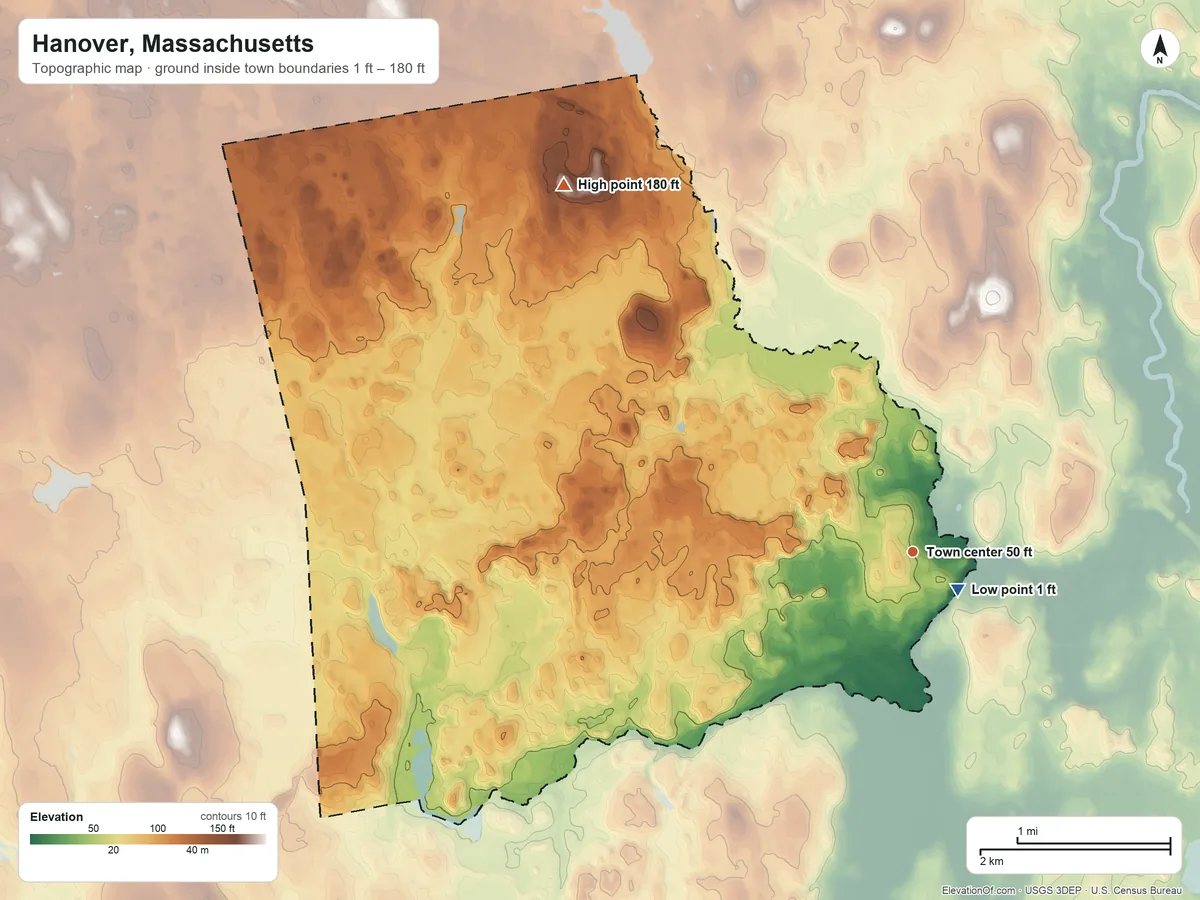 Topographic elevation map of Hanover, Massachusetts, shaded from 1 ft near the middle to 180 ft on Walnut Hill
