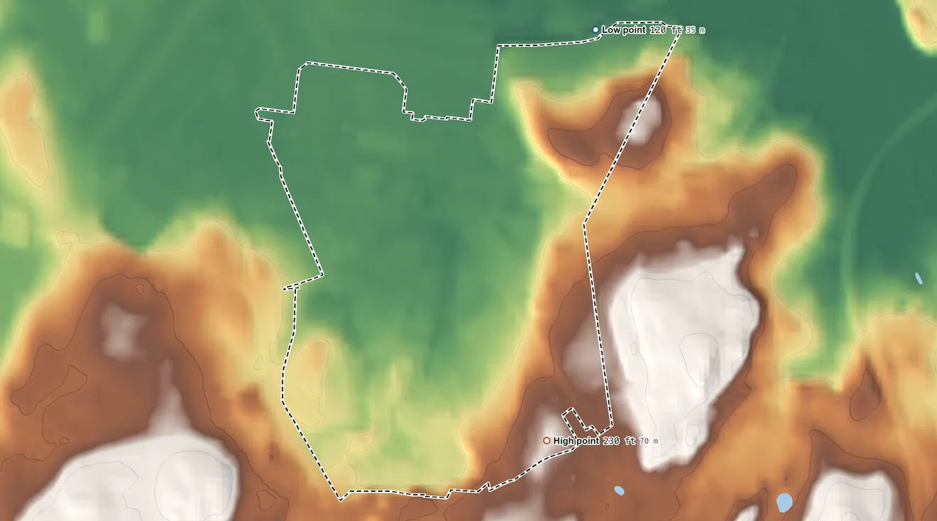 Topographic elevation map of Hanscom AFB, Massachusetts, shaded from 120 ft on the northeast side to 230 ft on the east side