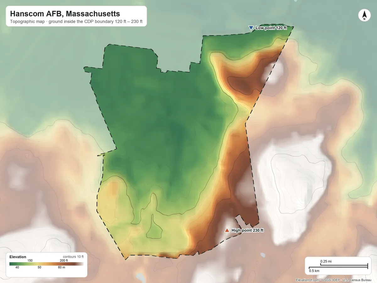 Topographic elevation map of Hanscom AFB, Massachusetts, shaded from 120 ft on the northeast side to 230 ft on the east side