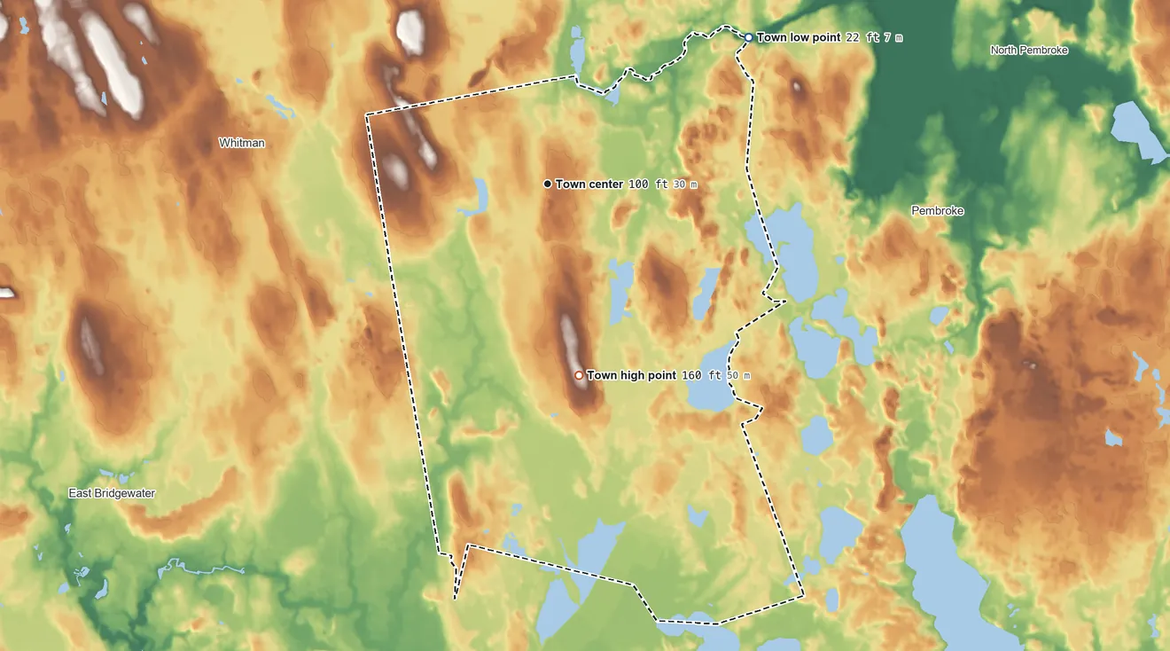 Topographic elevation map of Hanson, Massachusetts, shaded from 22 ft on the northeast side to 160 ft on the south side