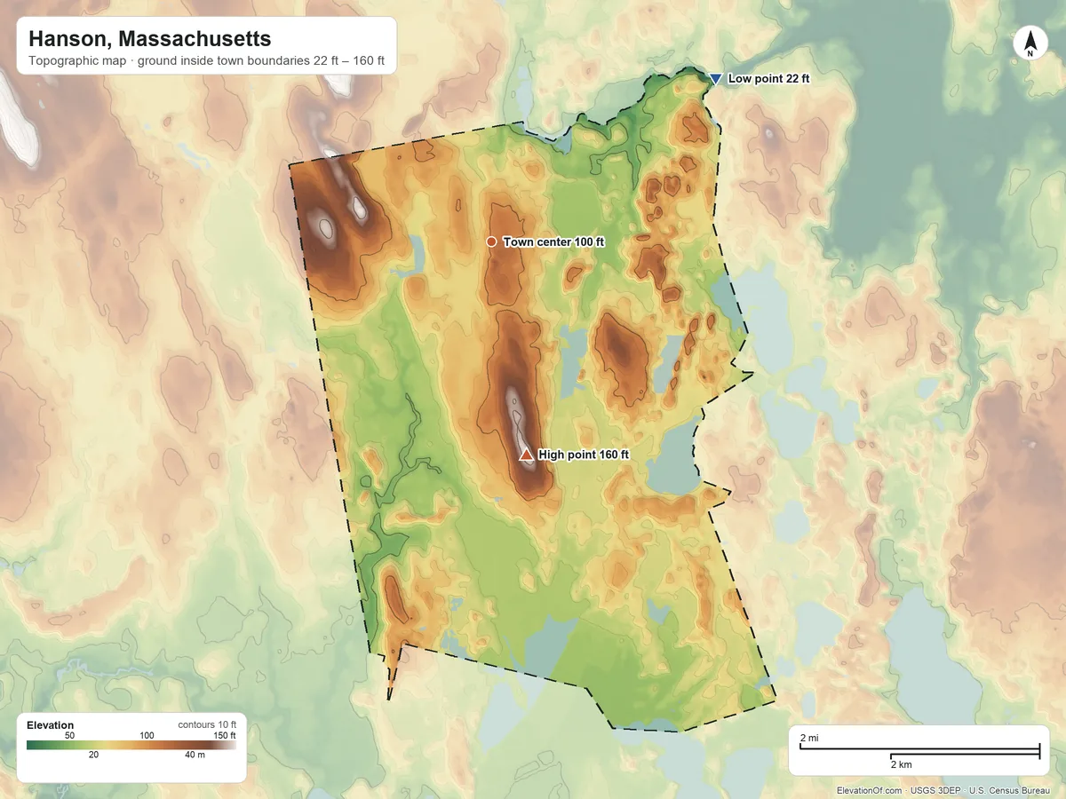 Topographic elevation map of Hanson, Massachusetts, shaded from 22 ft on the northeast side to 160 ft on the south side