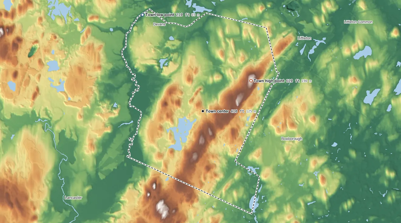 Topographic elevation map of Harvard, Massachusetts, shaded from 210 ft on the northwest side to 620 ft on the northeast side