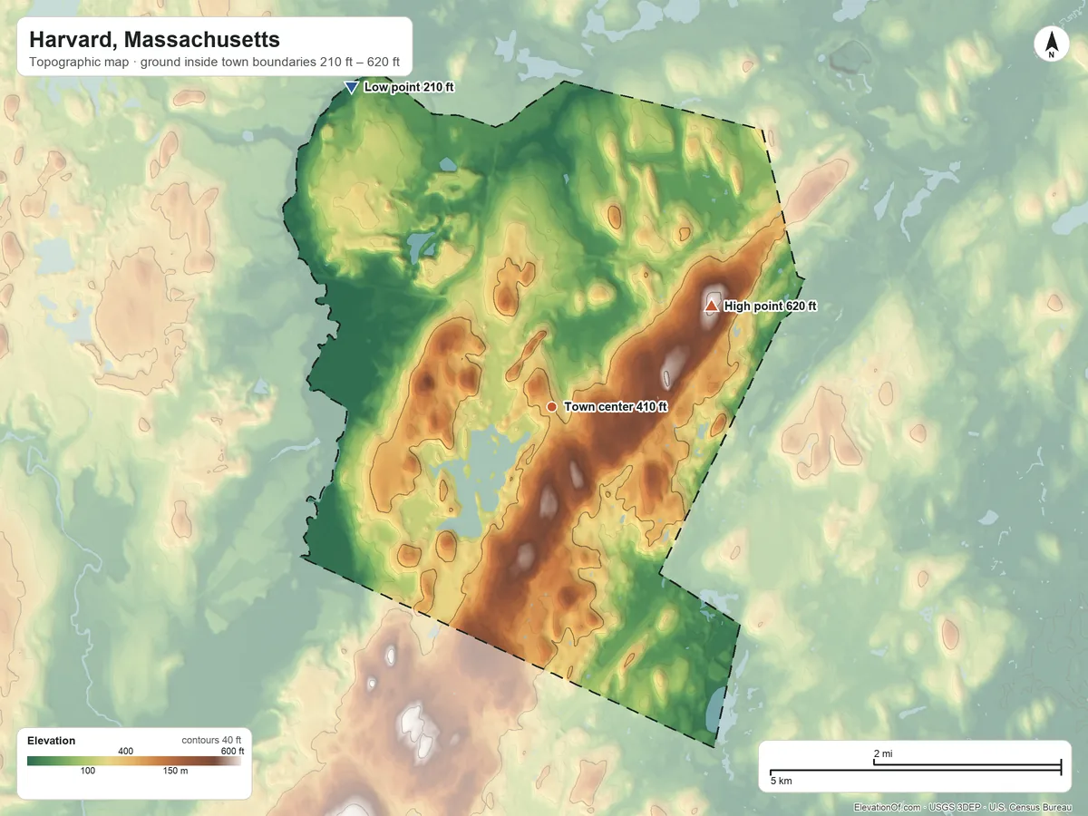 Topographic elevation map of Harvard, Massachusetts, shaded from 210 ft on the northwest side to 620 ft on the northeast side