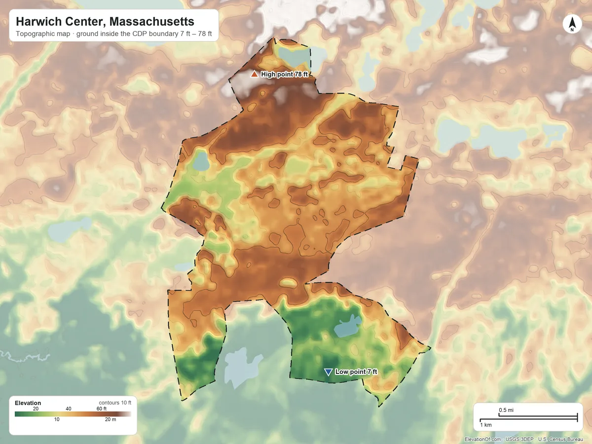 Topographic elevation map of Harwich Center, Massachusetts, shaded from 7 ft on the southeast side to 78 ft on the north side