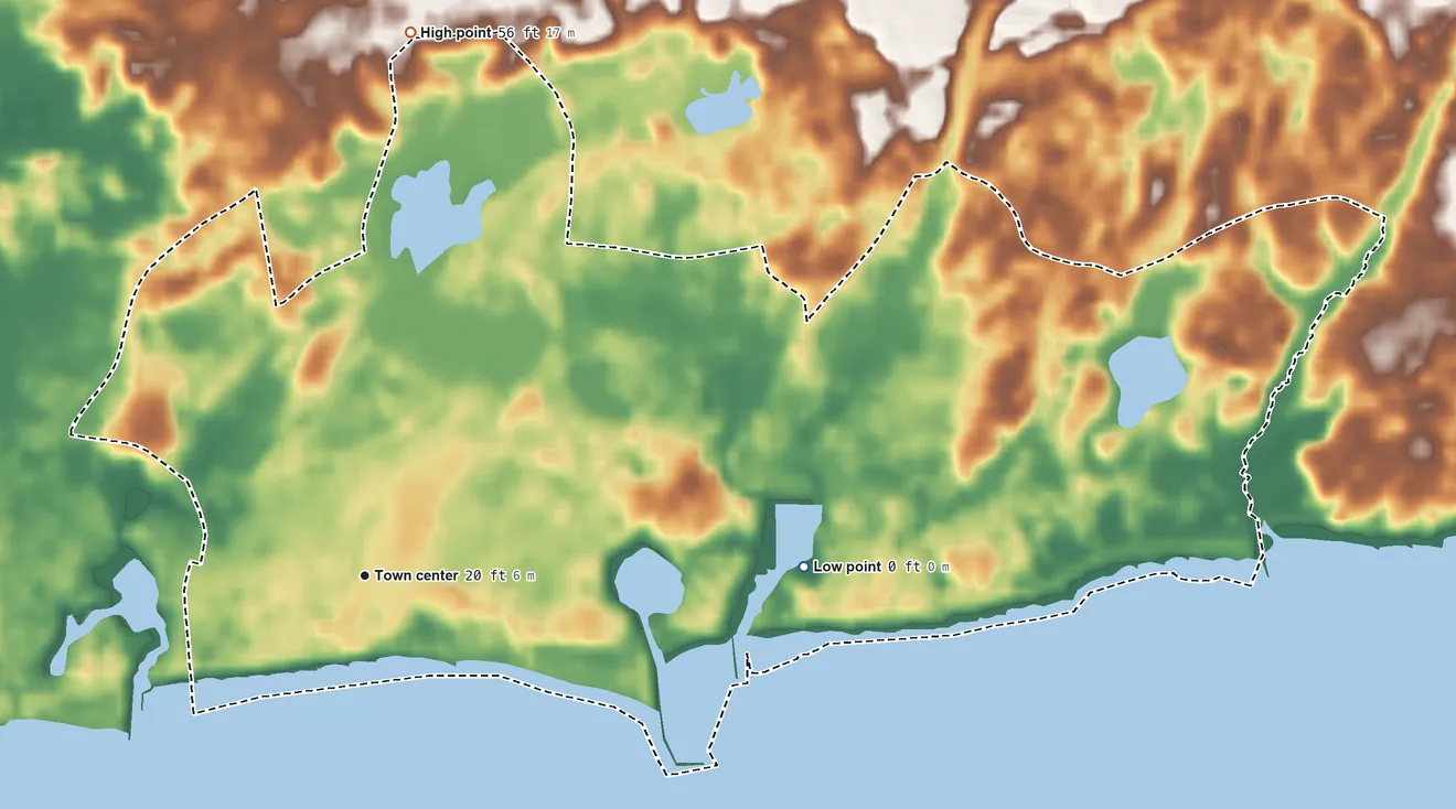 Topographic elevation map of Harwich Port, Massachusetts, shaded from sea level level on Nantucket Sound to 56 ft on the north side