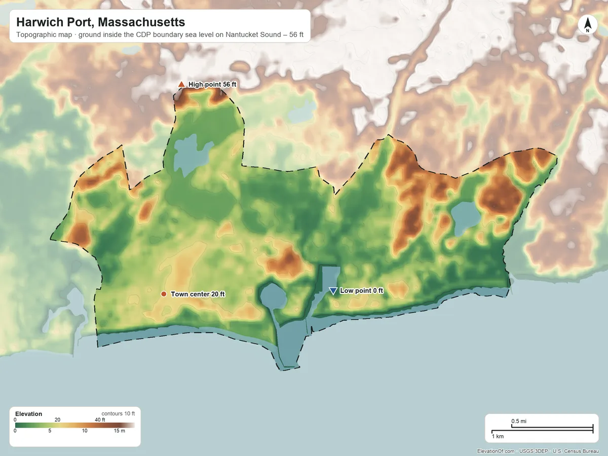 Topographic elevation map of Harwich Port, Massachusetts, shaded from sea level level on Nantucket Sound to 56 ft on the north side