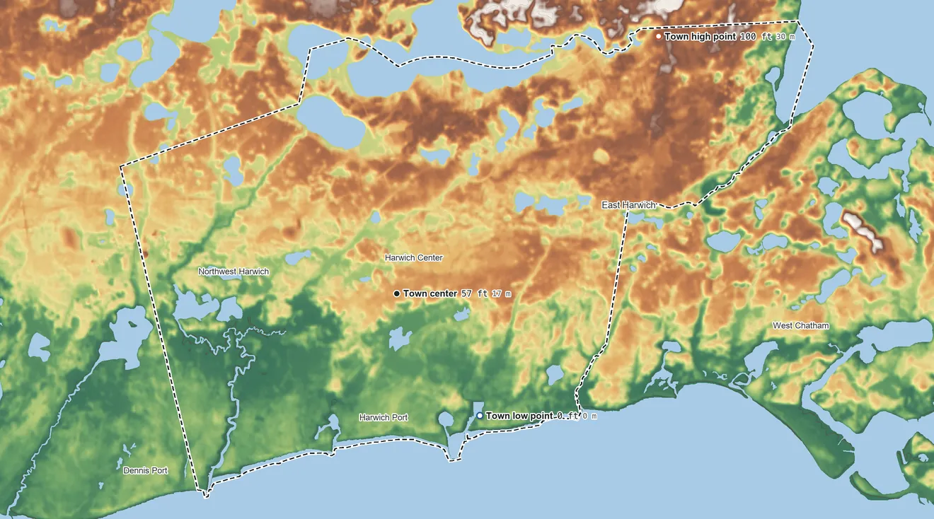 Topographic elevation map of Harwich, Massachusetts, shaded from sea level level on Nantucket Sound to 100 ft on the northeast side