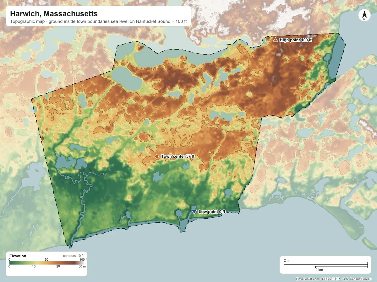 Topographic elevation map of Harwich, Massachusetts, shaded from sea level level on Nantucket Sound to 100 ft on the northeast side
