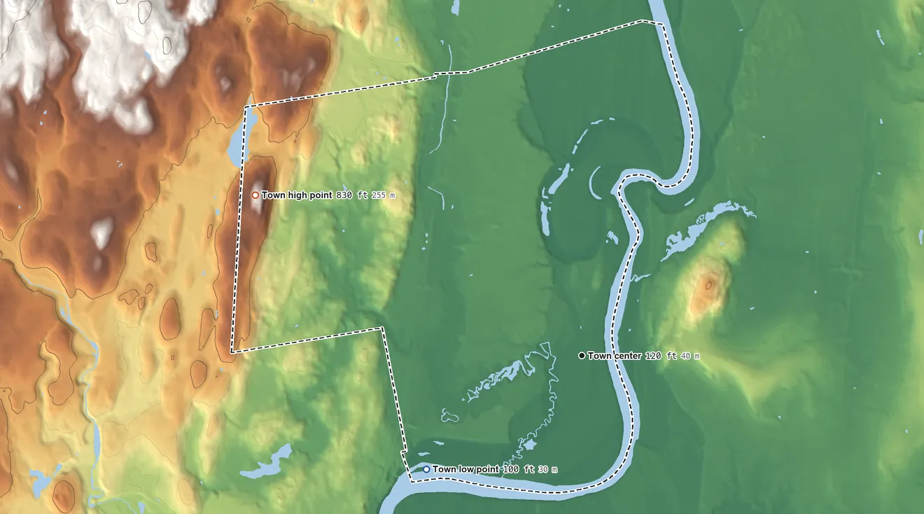 Topographic elevation map of Hatfield, Massachusetts, shaded from 100 ft on the southwest side to 830 ft on Horse Mountain