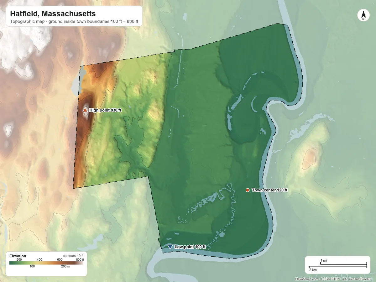 Topographic elevation map of Hatfield, Massachusetts, shaded from 100 ft on the southwest side to 830 ft on Horse Mountain