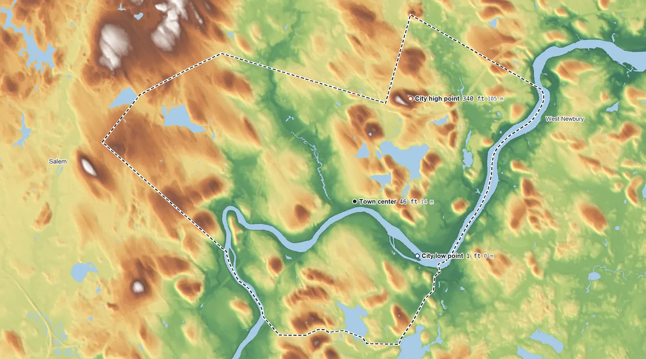 Topographic elevation map of Haverhill, Massachusetts, shaded from 1 ft on the southeast side to 340 ft on the northeast side