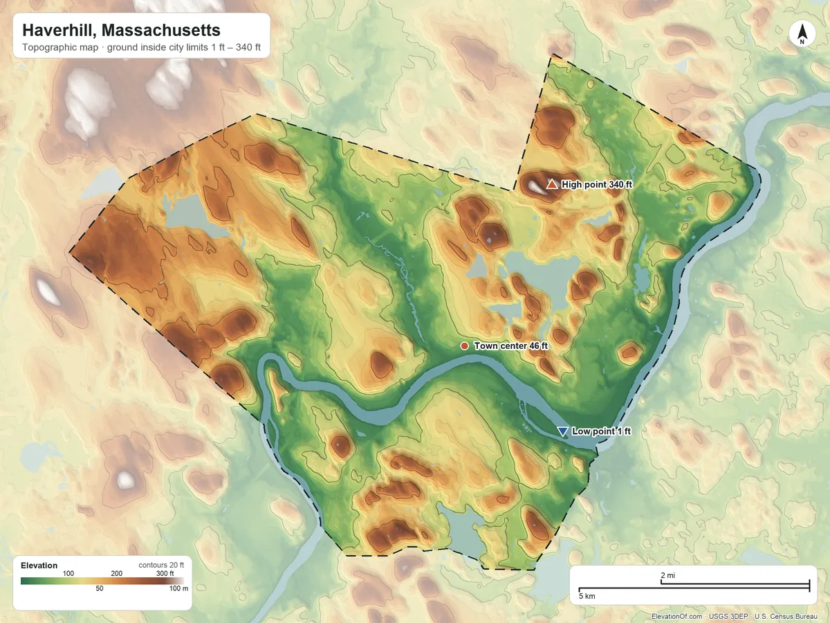 Topographic elevation map of Haverhill, Massachusetts, shaded from 1 ft on the southeast side to 340 ft on the northeast side