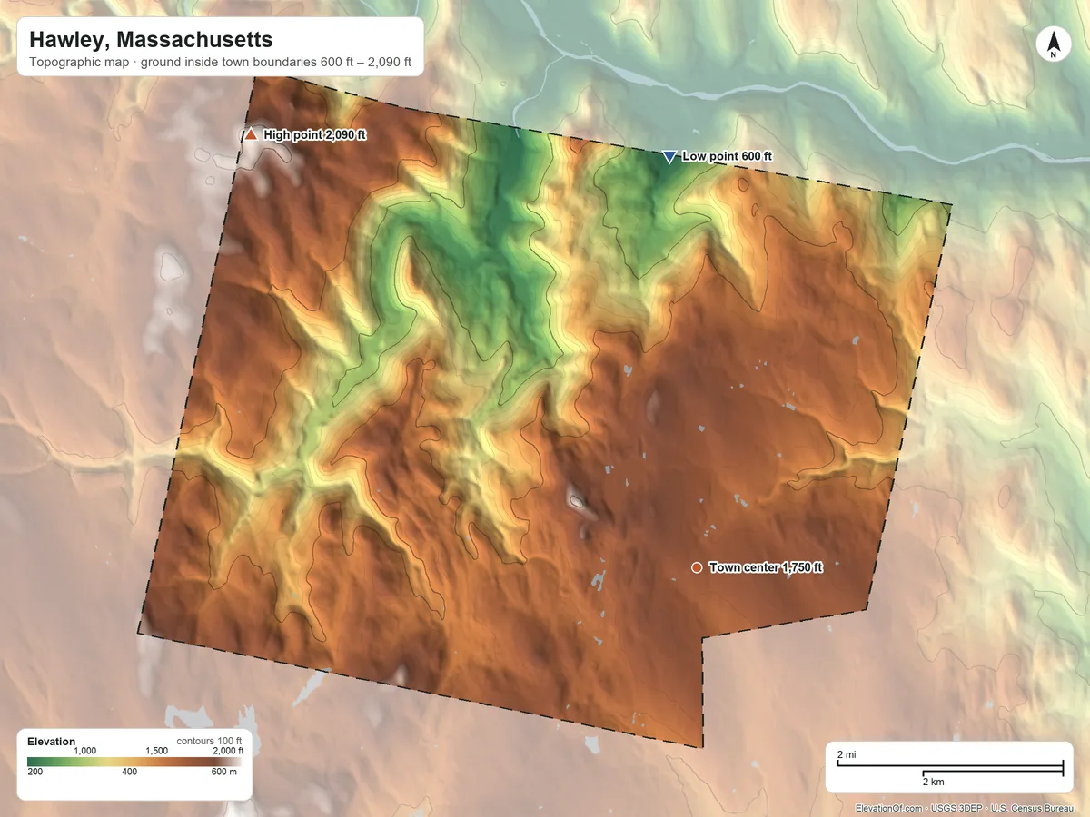 Topographic elevation map of Hawley, Massachusetts, shaded from 600 ft on the north side to 2,090 ft on the northwest side